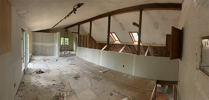 Upstairs room during drywall work